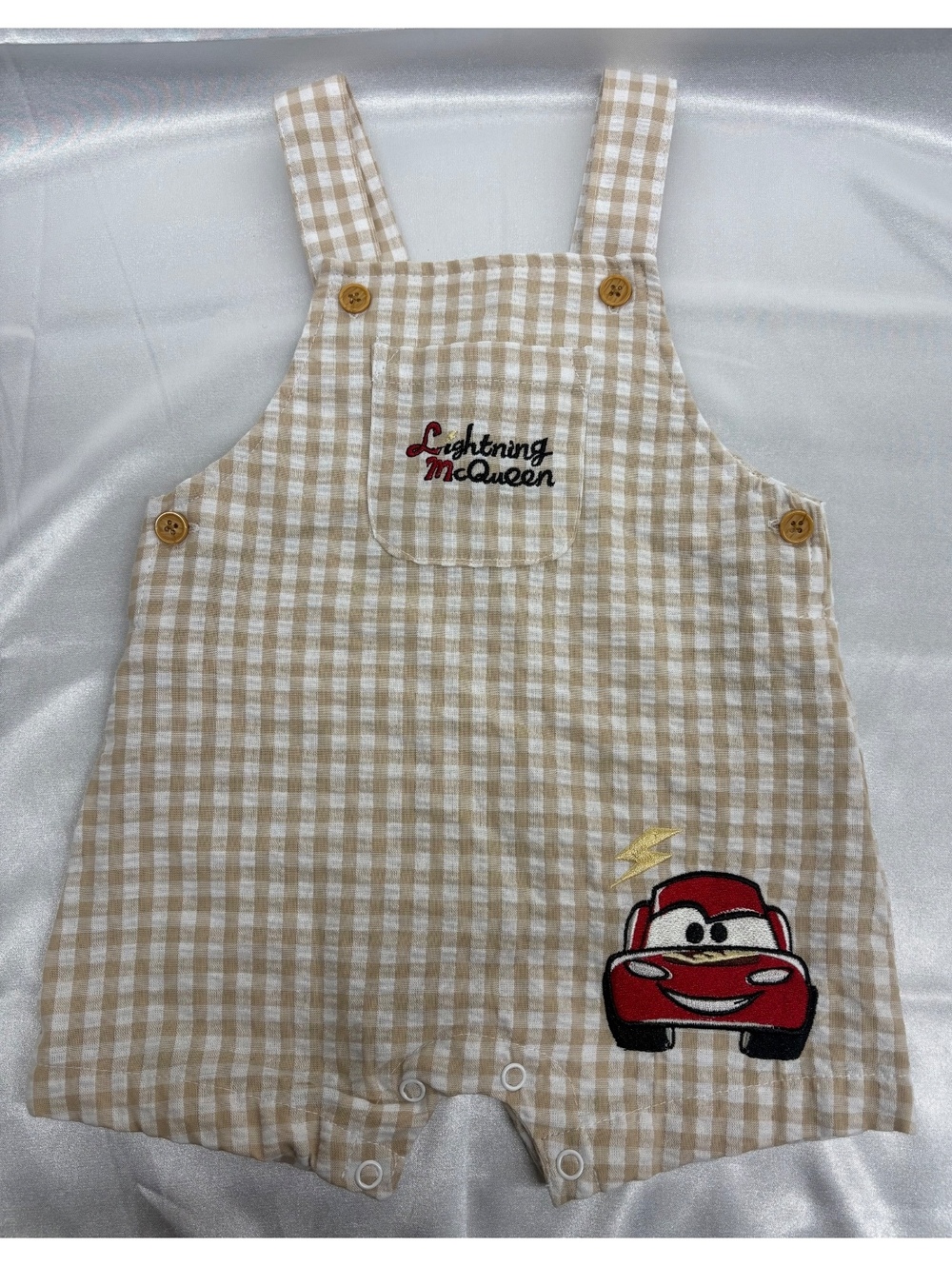 Disney Baby Pixar Lightning McQueen Boy’s Tan/White Gingham Overalls Size 3-6M